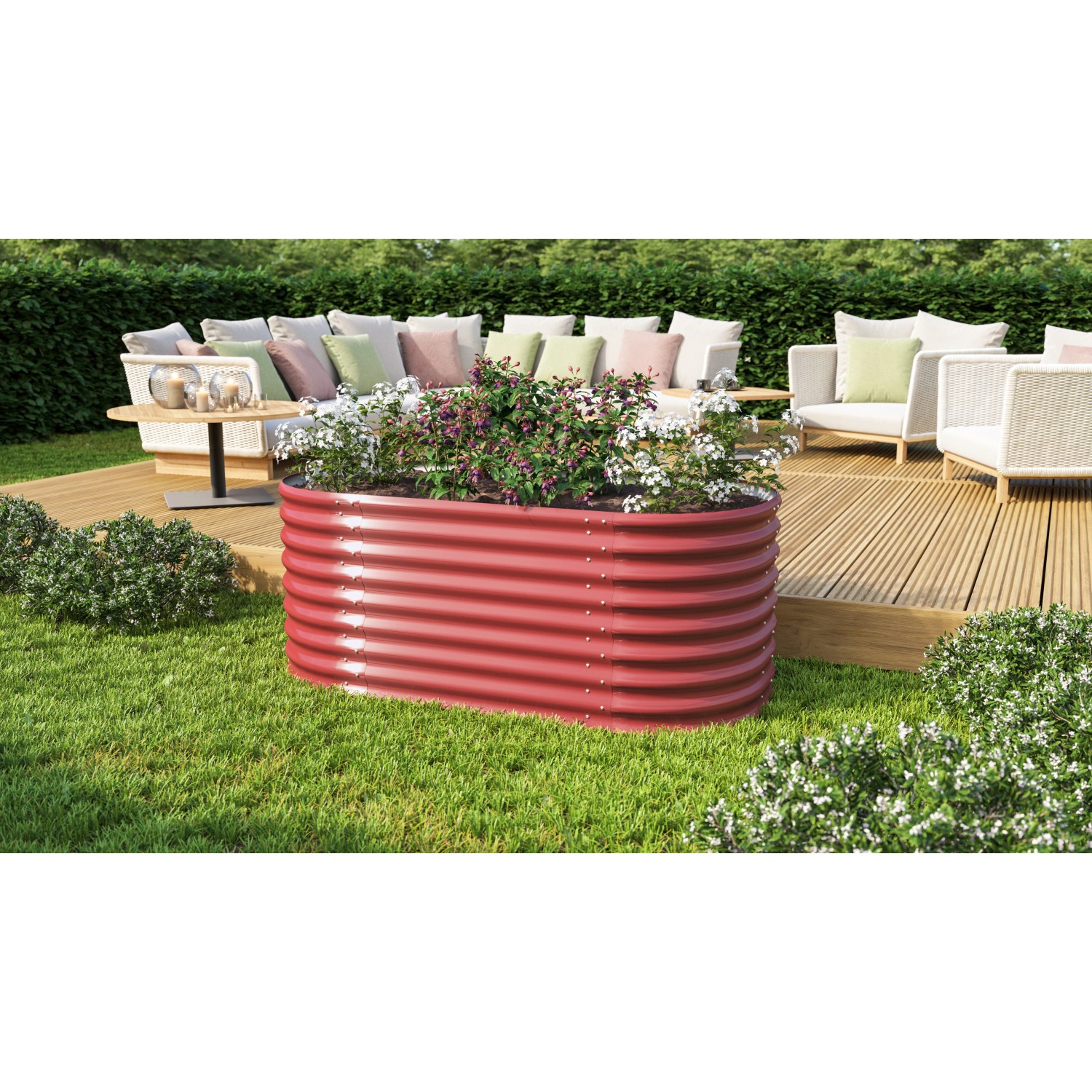 Rotes Vitavia Hochbeet 630 Vita Basic Rubin im Garten mit Bepflanzung.