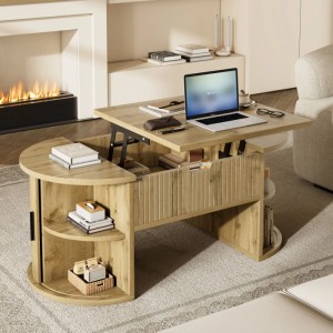 okwish Couchtisch HöhenVerstellbar/Offene Regale/Versteckter Stauraum Wohnzimmertisch 100 x 50 cm Natur