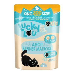 Lucky Lou Katzen-Nassfutter Kitten Geflügel & Forelle, 300g Packung.