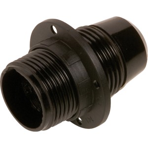 Schwarze E14 Lampenfassung aus Kunststoff mit Ring zur Lampenschirm-Fixierung.