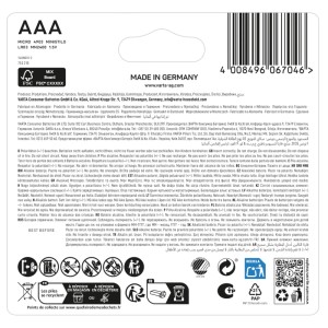Rückseite der Varta AAA LR03 LONGLIFE 12er Packung mit Produktinformationen und Recycling-Symbolen.