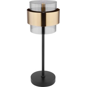 Globo Tischleuchte Milley, schwarz matt, mit Glas-Schirm und Messingring. Design-Tischlampe für Wohnräume.