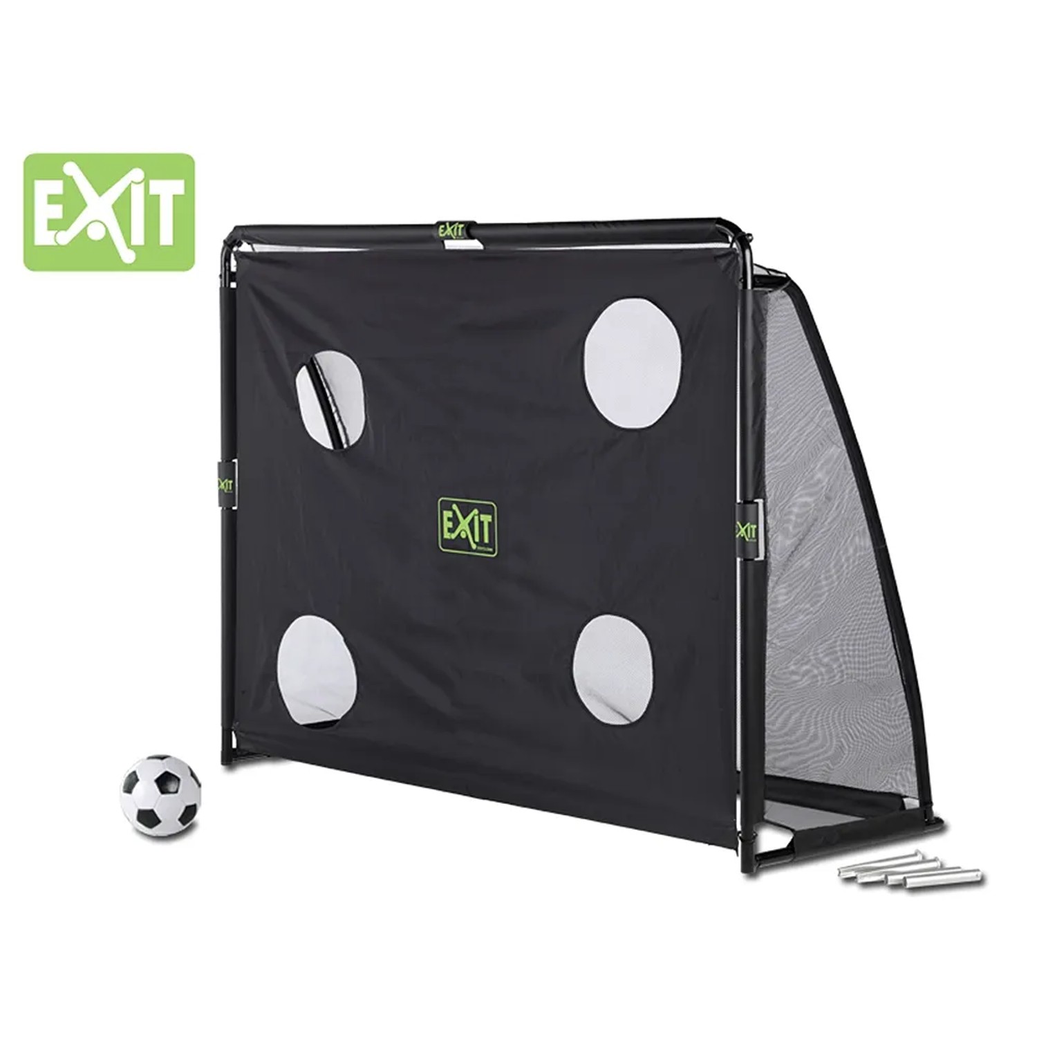 Schwarzes EXIT Coppa Fußballtor aus Stahl (220x170cm) mit Trainingswand und Fußball.