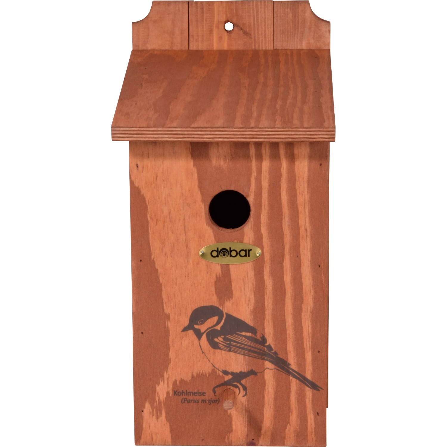 Holz Nistkasten mit Kohlmeise-Motiv, Ø32mm Einflugloch, ideal für Meisen.