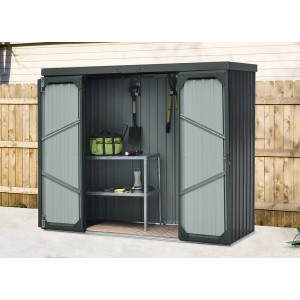 Floraworld Geräteschrank mit Flachdach, anthrazit, 226x81 cm, mit geöffneten Flügeltüren und Gerätehalter.