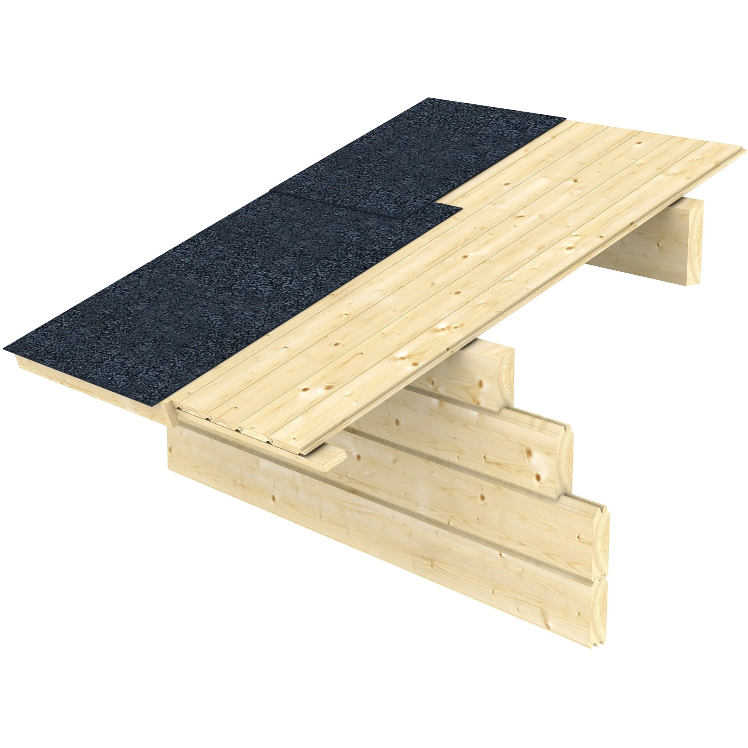 Detailansicht des Skan Holz Freizeithauses Luzern: Dachkonstruktion mit Dachpappe und unbehandeltem Holz.