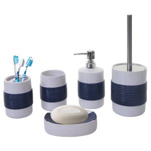 5-teiliges Badset in Blau/Weiß: WC-Bürste, Seifenspender, Zahnputzbecher, Zahnbürstenhalter, Seifenschale.