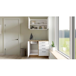 Flex-Well Miniküche Vintea 100 cm, Magnolia/Lancelot Oak, mit Spüle und Kochfeld. Kompakte Single-Küche.