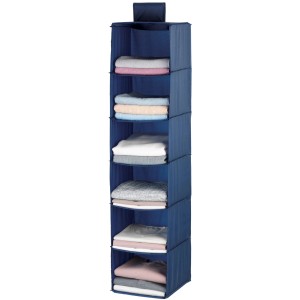 Dunkelblauer Wenko Wäschesortierer Business mit 6 Fächern zur Textilaufbewahrung.