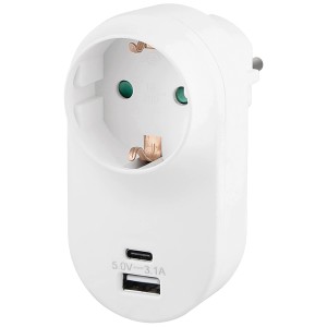 Weißer Steckdosen-Adapter mit 2 USB-Ports zum Laden von Smartphones und Tablets.