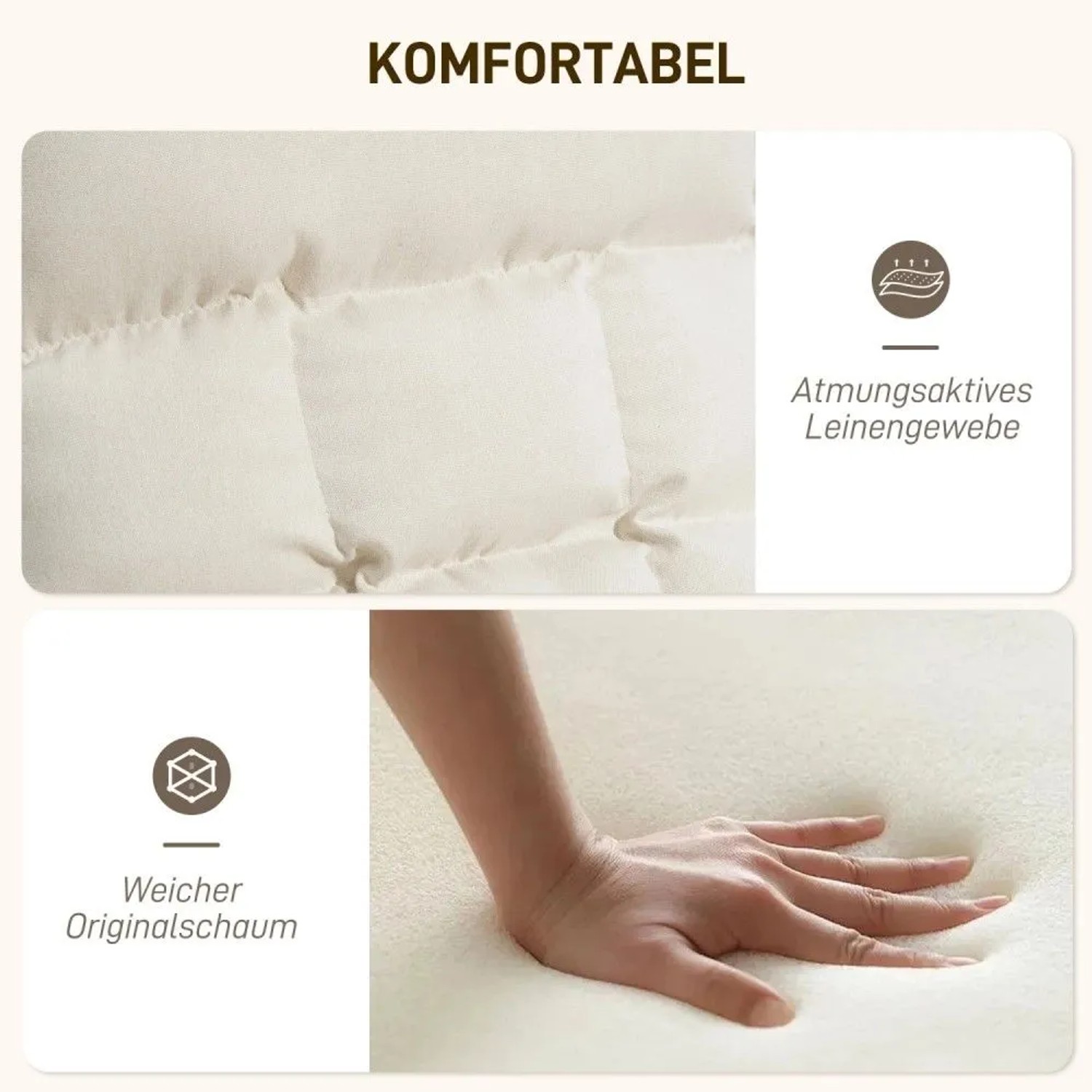 Cremeweißer HOMCOM Schaukelstuhl: Atmungsaktiver Polyesterstoff und weiche Schaumstoffpolsterung für hohen Komfort.