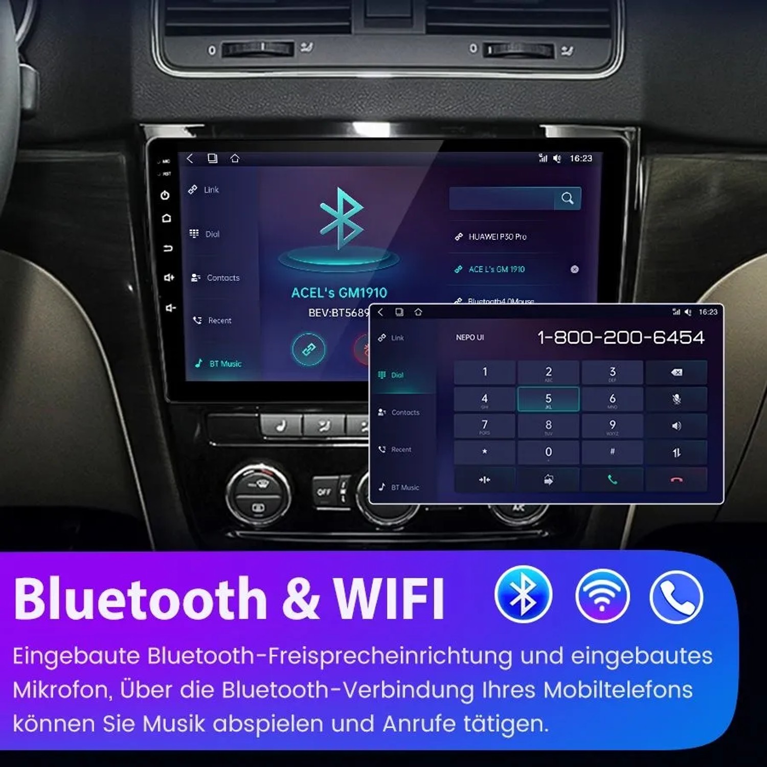 Junsun Autoradio für Skoda Yeti im Armaturenbrett, zeigt Bluetooth-Verbindung und Freisprechfunktion auf HD-Touchscreen.