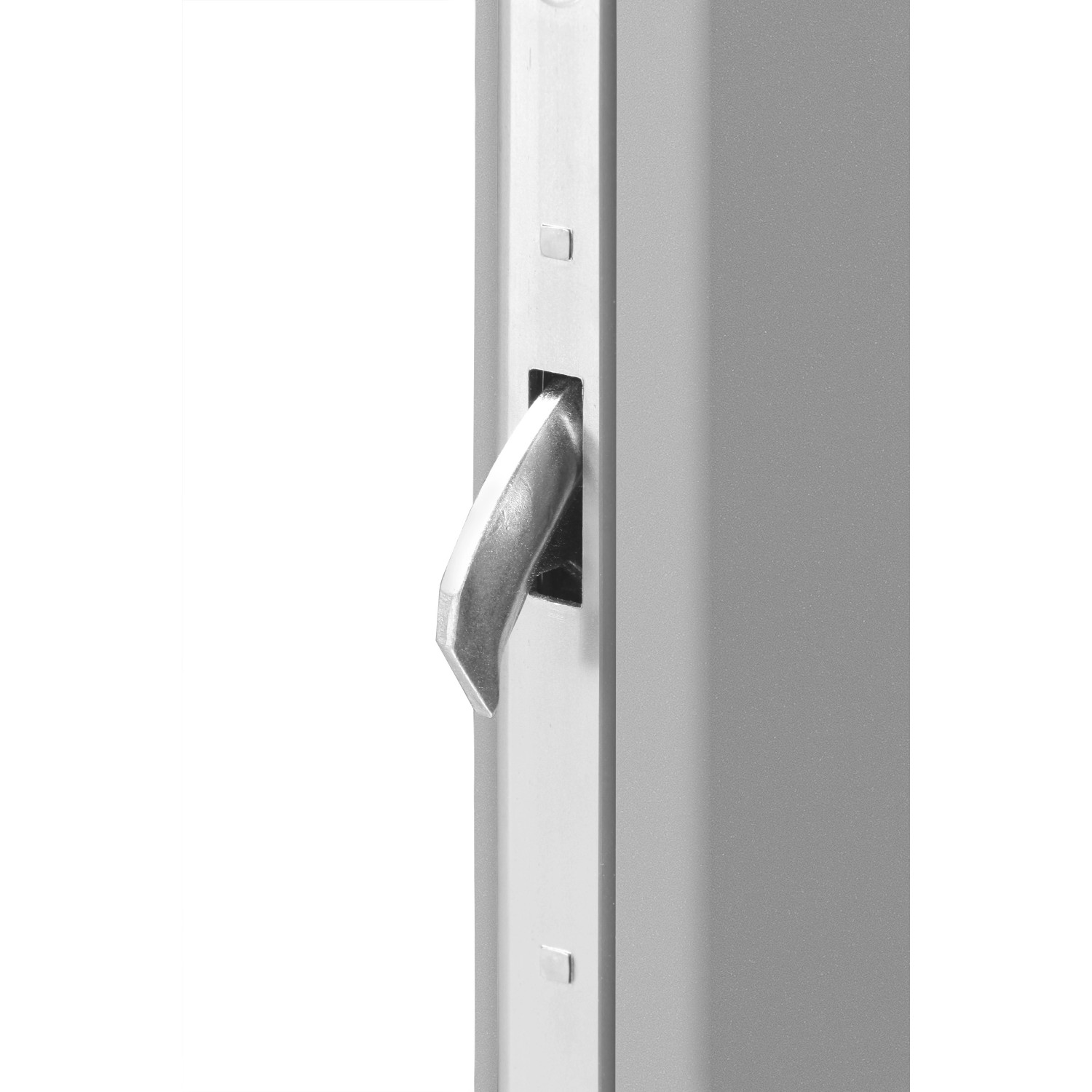 Detailaufnahme: Graue Haustür ThermoSpace Prime Palermo mit silbernem Schwenkriegel.