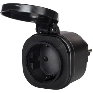 Schwarze Smartwares Funk-Steckdose Mini für den Außenbereich mit geöffnetem Deckel.