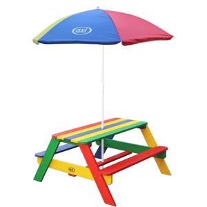 Axi Nick Picknicktisch Regenbogen mit Sonnenschirm, farbenfroher Kindertisch für Spiel & Spaß im Garten.