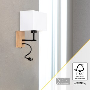 Brilliant LED-Wandleuchte Rayan mit Lesearm, Eiche geölt und weißem Schirm.