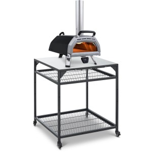 Ooni Modultisch groß mit Pizzaofen, Grilltisch mit Ablageflächen und Rollen.
