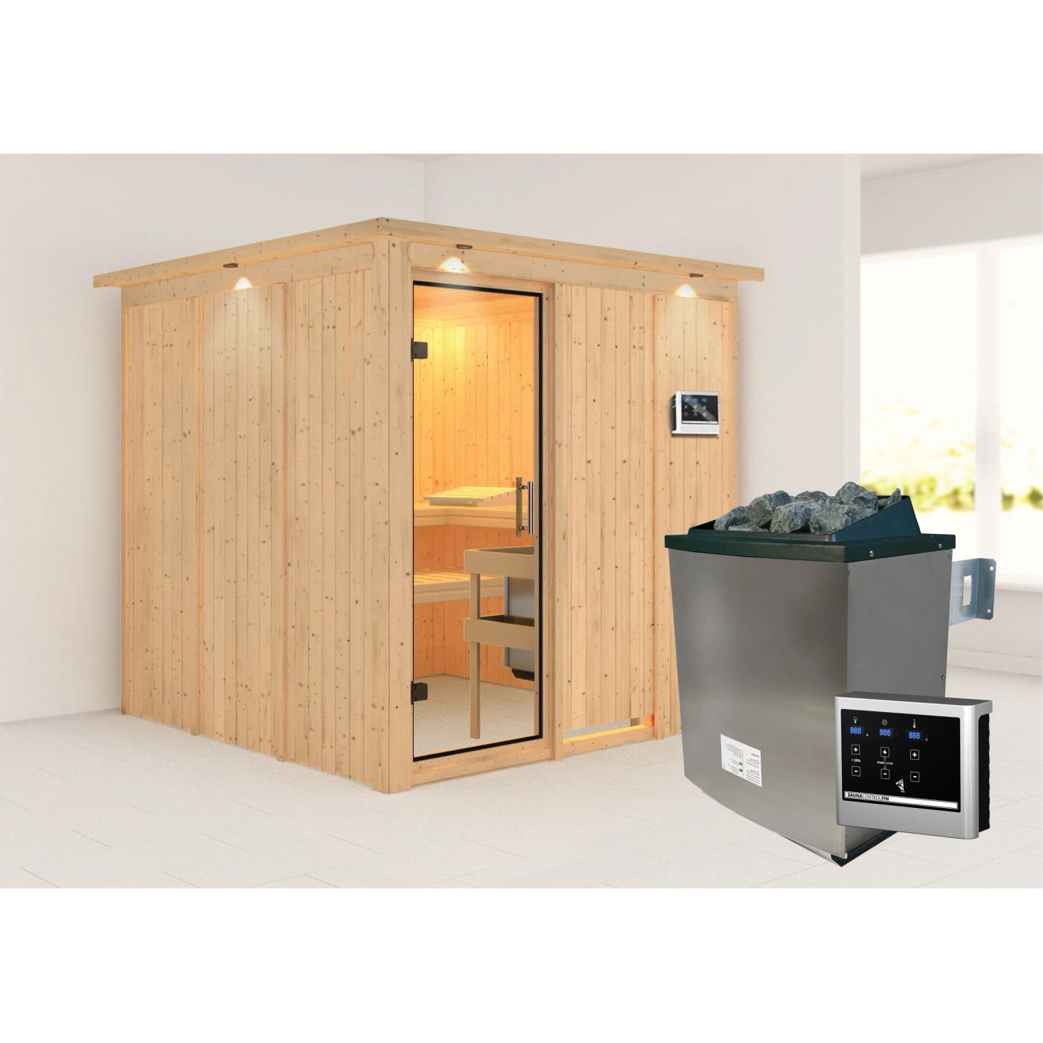 Karibu Sauna Rikka mit Ofen und LED-Dachkranz aus Naturholz.