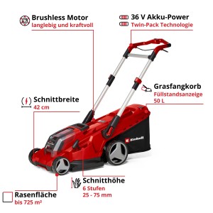 Einhell Akku-Rasenmäher Rasarro 36/42, rot, mit Grasfangkorb. Ideal für Rasenflächen bis 725 m².