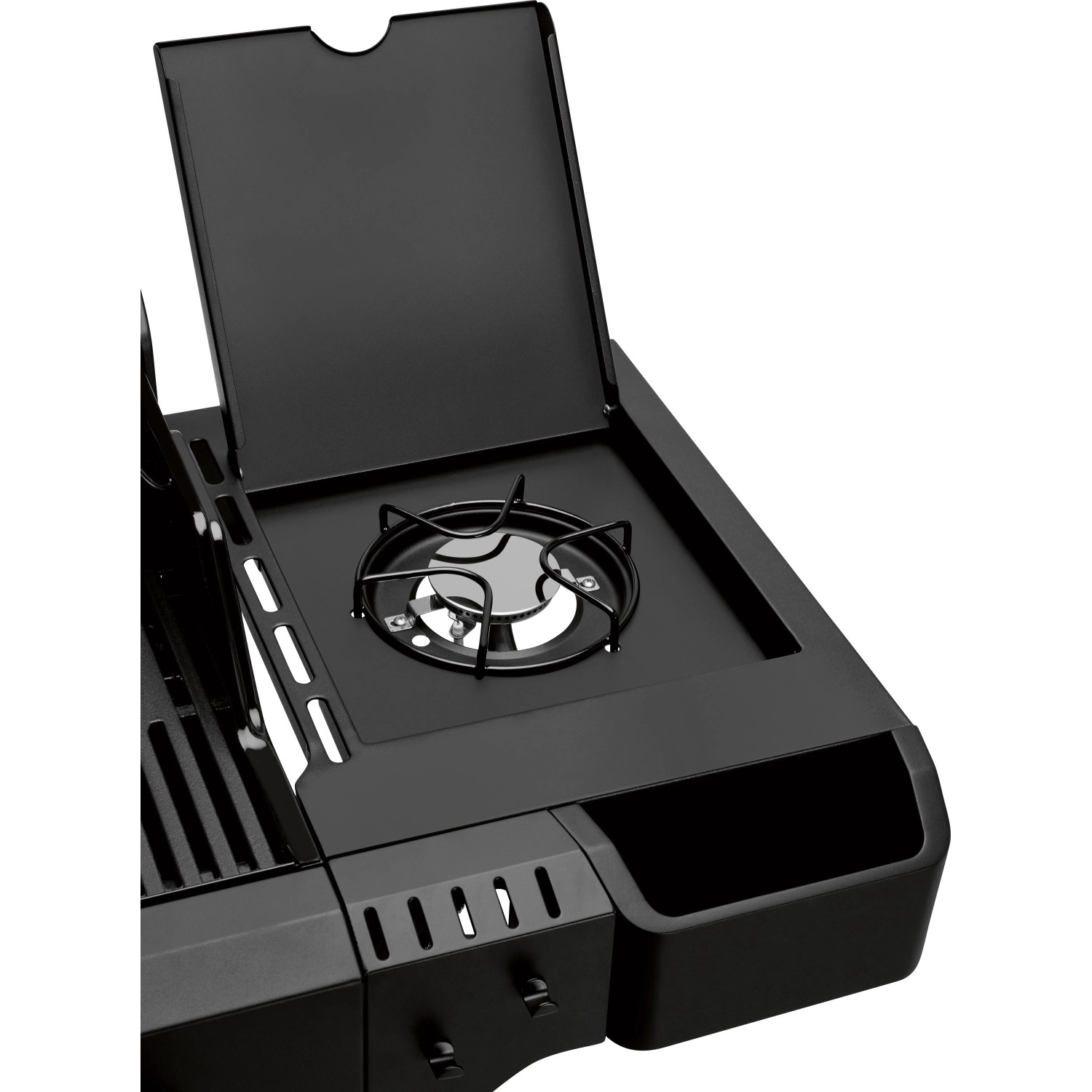 Detailaufnahme: Schwarzer Jamestown Gasgrill Knox II mit Seitenbrenner und geöffnetem Deckel.
