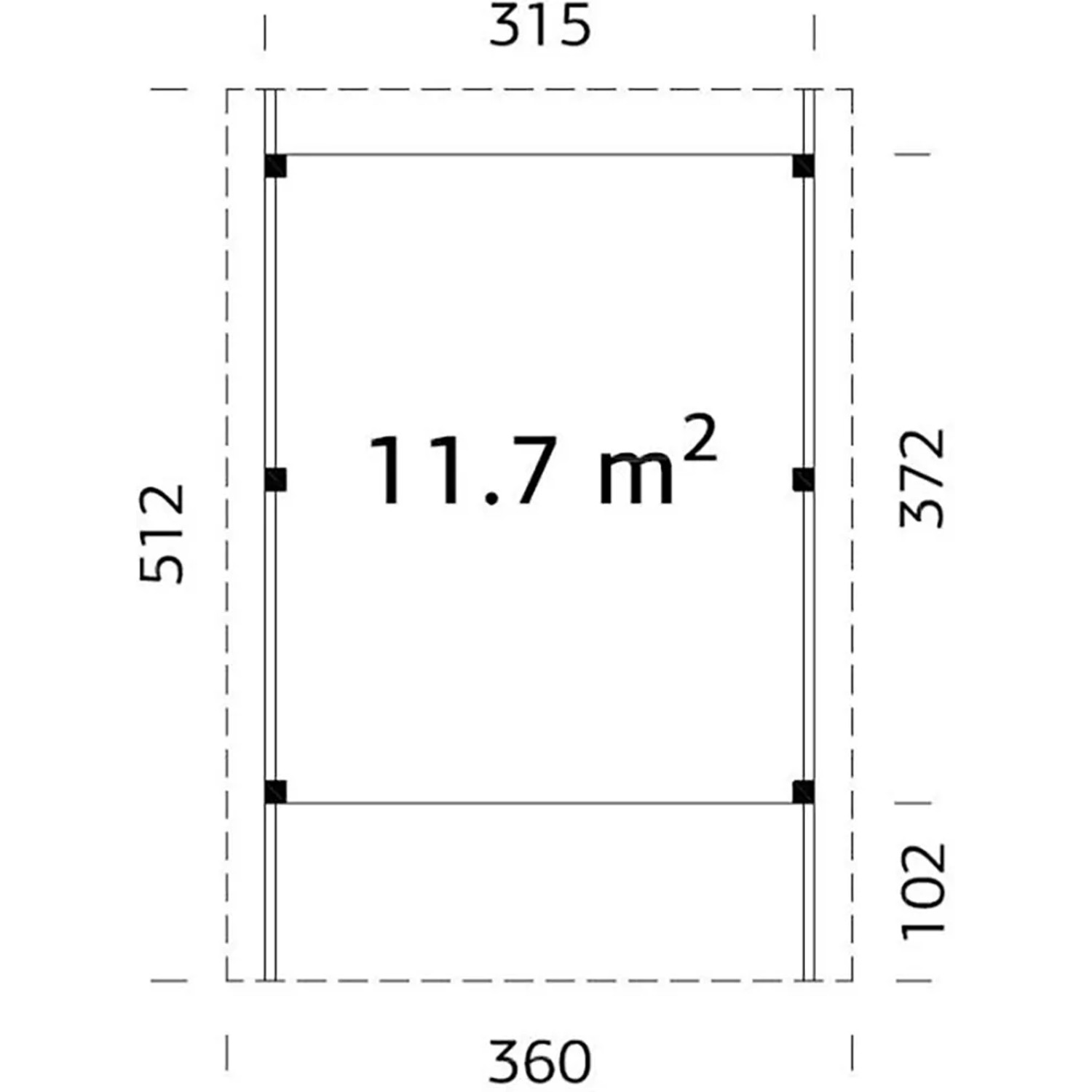 Grundriss Palmako Einzelcarport Karl, braun, 360x512cm, Maße und Fläche (11,7 m²).