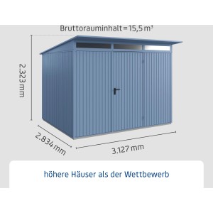 Ecostar Gerätehaus Trend, Pultdach, taubenblau, mit Tür und Maßangaben.