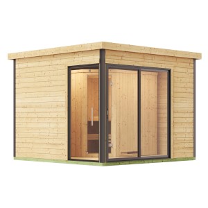 Modernes Design-Saunahaus 412 Sparset mit Glasschiebetür und 9 kW Saunaofen.
