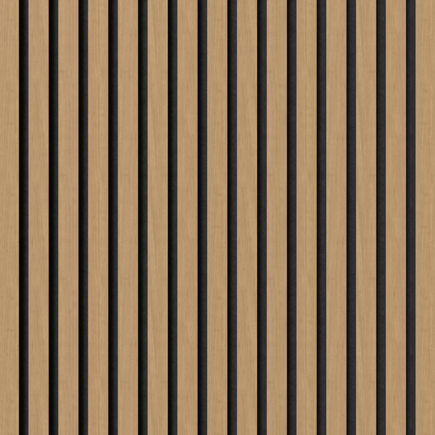 Akustikpaneel Eiche/Schwarz: MDF-Leisten auf schwarzem Filz, 60x270 cm, zur Wand- und Deckenverkleidung.