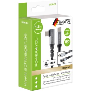 USB-C auf USB-C Ladekabel 1,2m mit vertikalem Winkelstecker, 60W, grau-schwarz, für Handy-Zubehör.