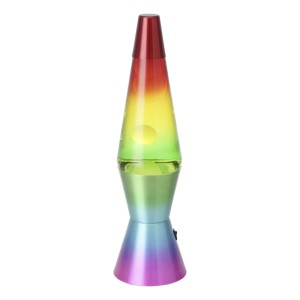 Bunte Eglo LED-Lavatischleuchte im Regenbogen-Design. Transparenter Zylinder, weißes Wachs, farbiger Sockel. Dekorative Tischlampe.