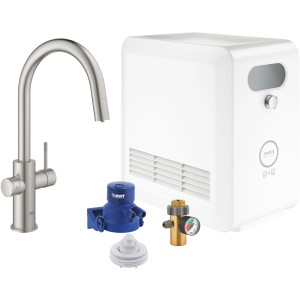 Grohe Mono Armatur Set Blue Professional Supersteel mit Filter, Kühler und CO2-Zubehör für gefiltertes Wasser.