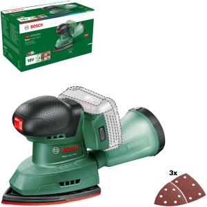 Bosch Akku-Multischleifer EasySander 18V-8 Solo, grüne Schleifmaschine mit Staubbox und Schleifpapier.