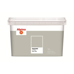 Alpina Innenfarbe Pantone Vapor Blue, 2,5 l, in hellgrauem Eimer. Matte Wandfarbe für Innenräume.