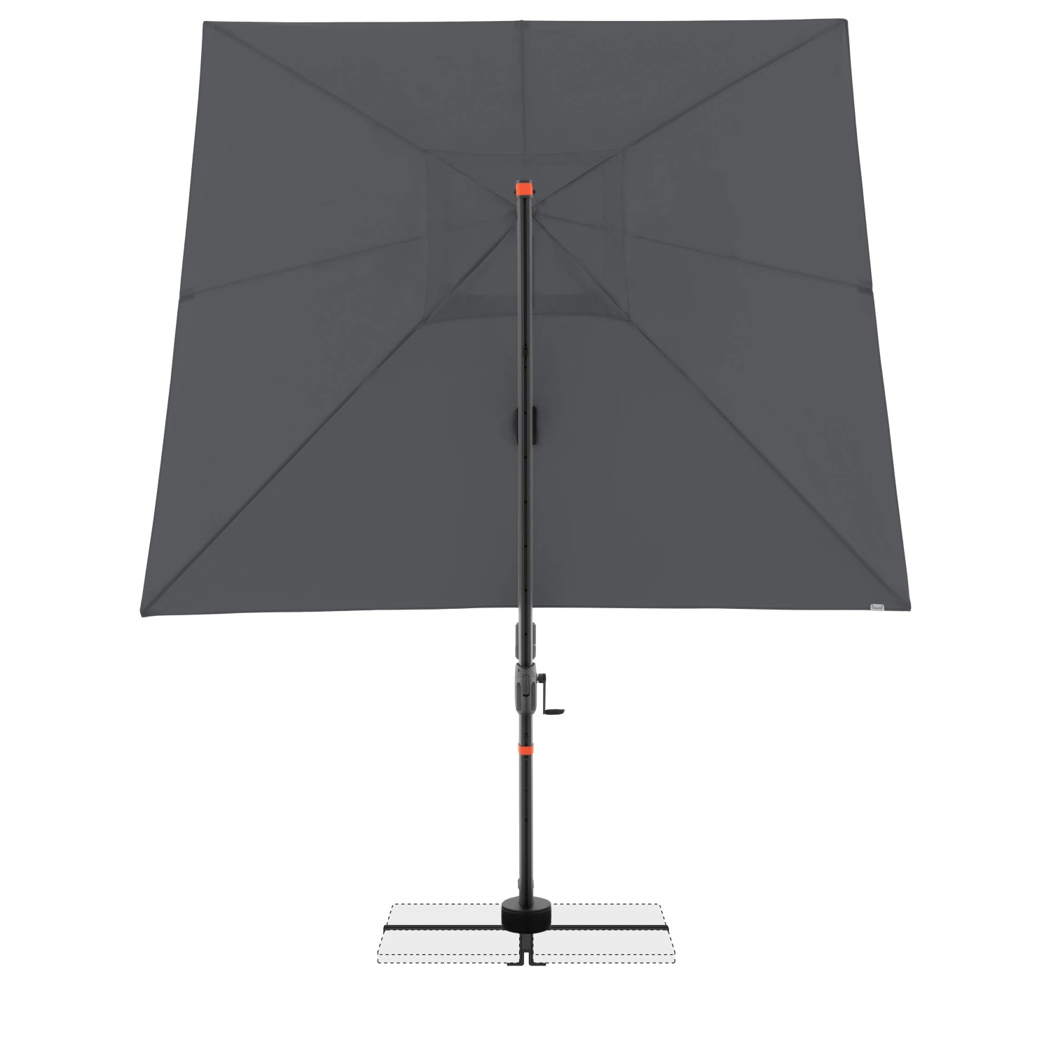 Quadratischer, anthrazitfarbener Ampelschirm (280x280 cm) mit Kurbelmechanik von Doppler.