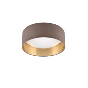 Moderne LED Deckenleuchte Locarno, taupefarbener Stoffschirm, goldene Innenseite, Durchmesser 30 cm.