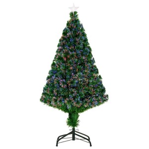 Grüner 120 cm künstlicher Weihnachtsbaum mit bunten LED Lichtfasern und Sternspitze auf Metallständer.