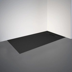 Rechteckige, anthrazitfarbene Schulte Duschwanne ExpressPlus Extraflach 150x70 cm im Badezimmer.