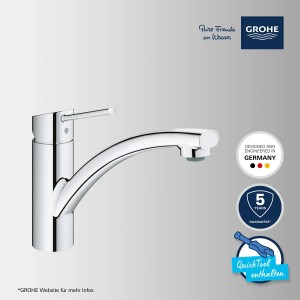 Grohe QuickFix Küchenarmatur Swift, Chrom, mit niedrigem Auslauf und Schwenkbereich.