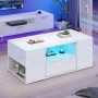 okwish Couchtisch mit LED Beleuchtung Schublade Stauraum Wohnzimmer 100x50x40cm Weiß_3
