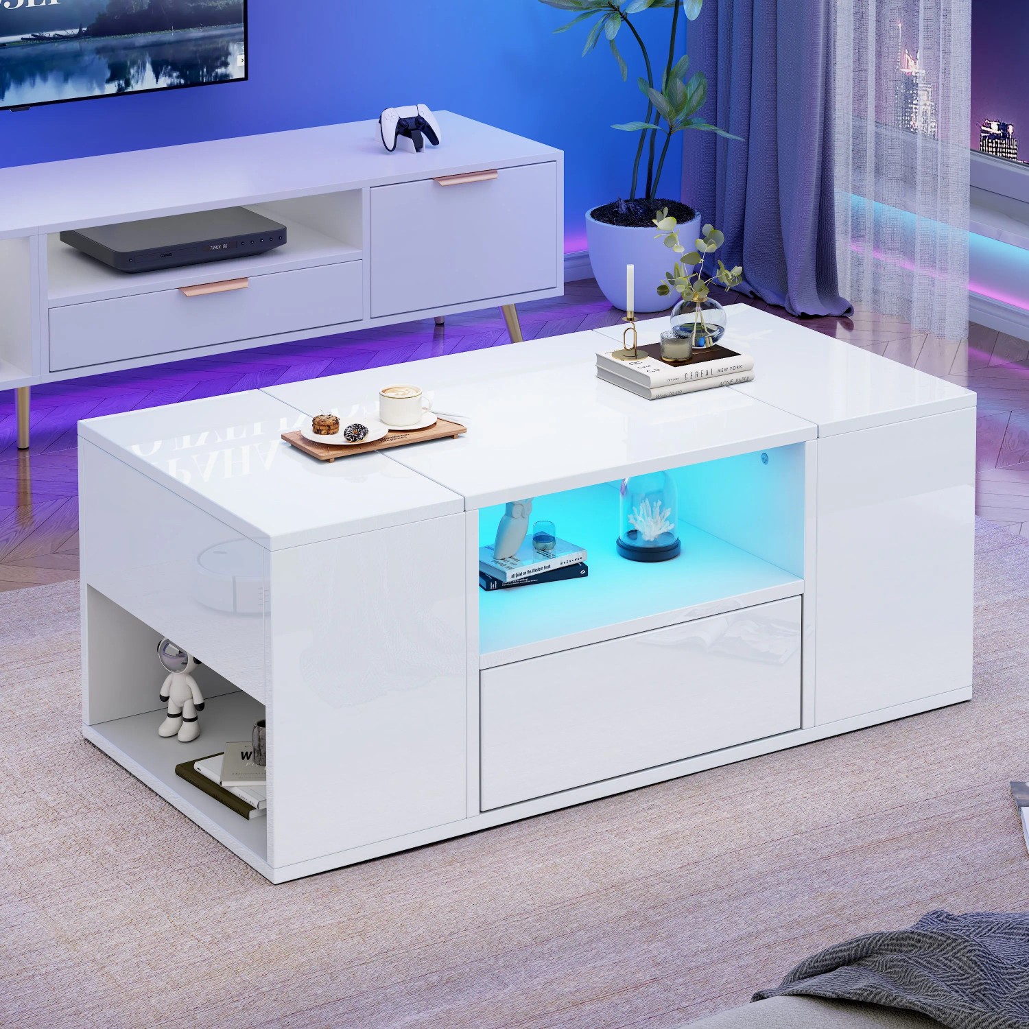 okwish Couchtisch mit LED Beleuchtung Schublade Stauraum Wohnzimmer 100x50x40cm Weiß_3