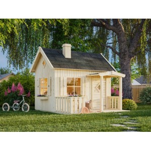 Palmako Spielhaus Otto, 3,6 m², weiß lackiert, mit Veranda und Schornstein im Garten.