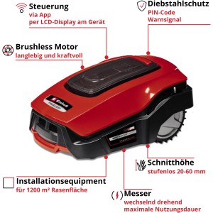 Einhell Freelexo 1200 LCD BT Mähroboter in Rot, steuerbar per App.