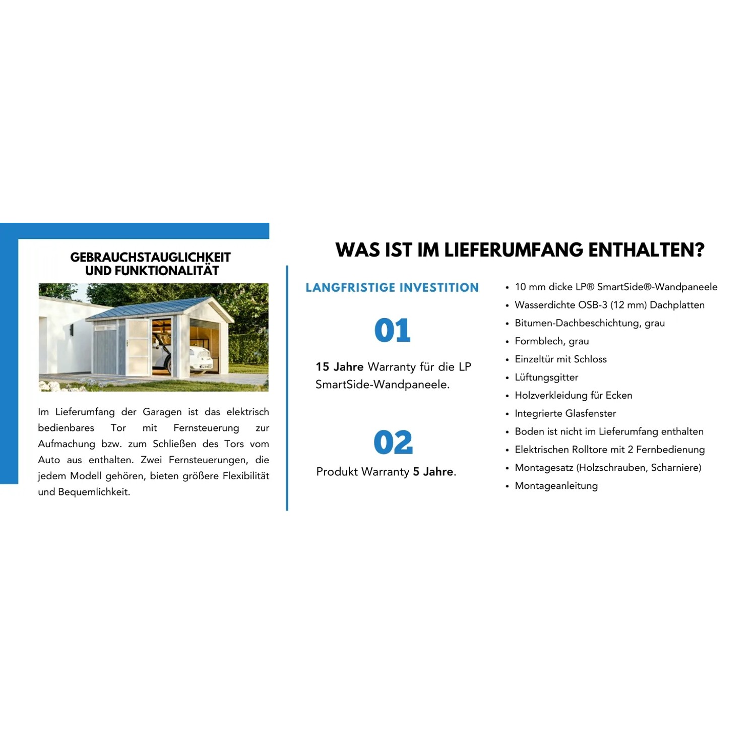 Produktinformationen zur Timbela Garage Premium M990B: Lieferumfang, Garantie und Eigenschaften der Fertiggarage.