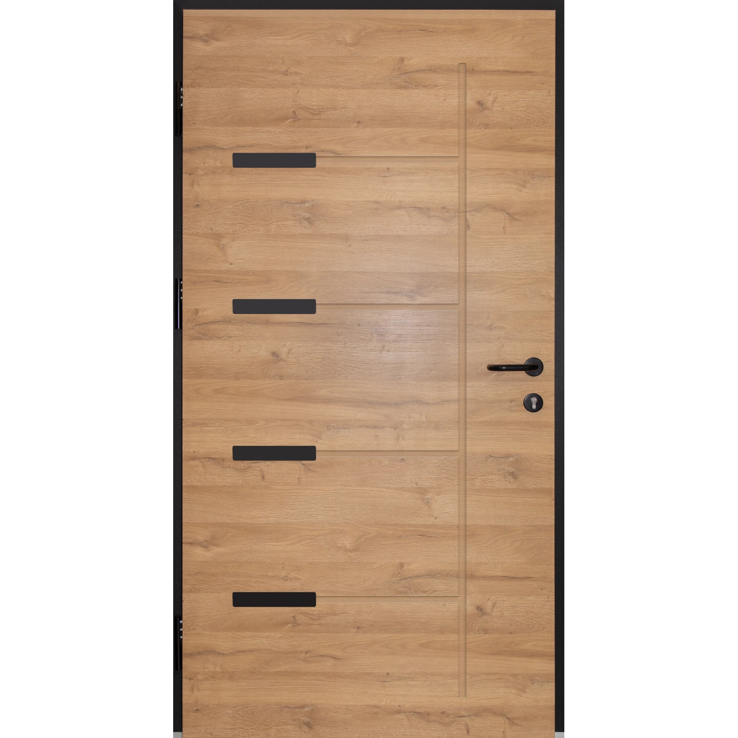 Splendoor Haustür ThermoSpace Oslo Prime in Eiche natur mit schwarzen Akzenten und Griff.