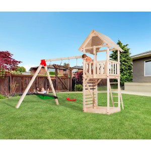 Weka Spielhaus Drachenturm Tabaluga mit Schaukel: Spielturm aus Holz mit Schaukelnest und Schaukelbrett.