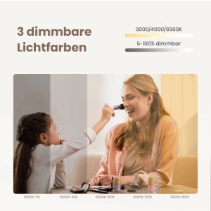 LED Badspiegel: Frau und Kind erleben die Wirkung von 3 dimmbaren Lichtfarben (warm, neutral, kalt) und Helligkeitsstufen.
