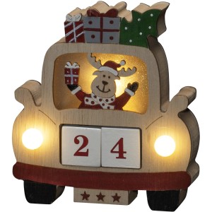 Konstsmide LED Holzsilhouette Rentier im Auto mit Datumswürfeln als weihnachtliche Dekoration.