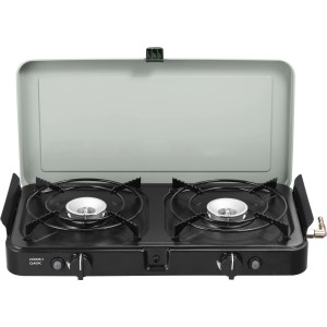 Cadac 2-Cook 3 Classic Gasgrill mit zwei Kochstellen und grauem Deckel.