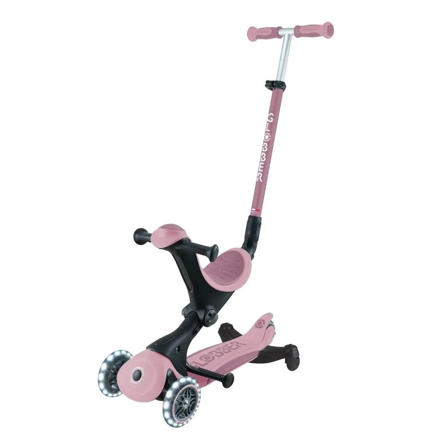 Globber Go-Up Deluxe Lights 360 3-in-1 Kinderfahrzeug in Beere, als Aufsitzrad mit leuchtenden LED-Rädern.