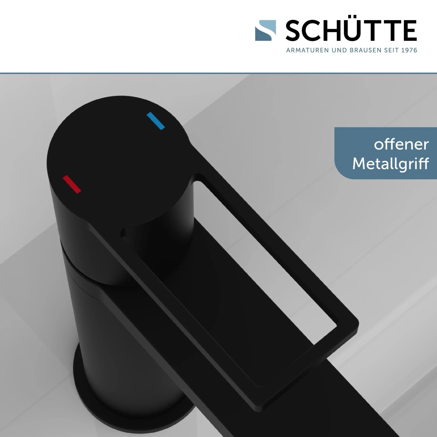 Schütte Waschtischarmatur Manhattan, schwarz matt, mit offenem Metallgriff.